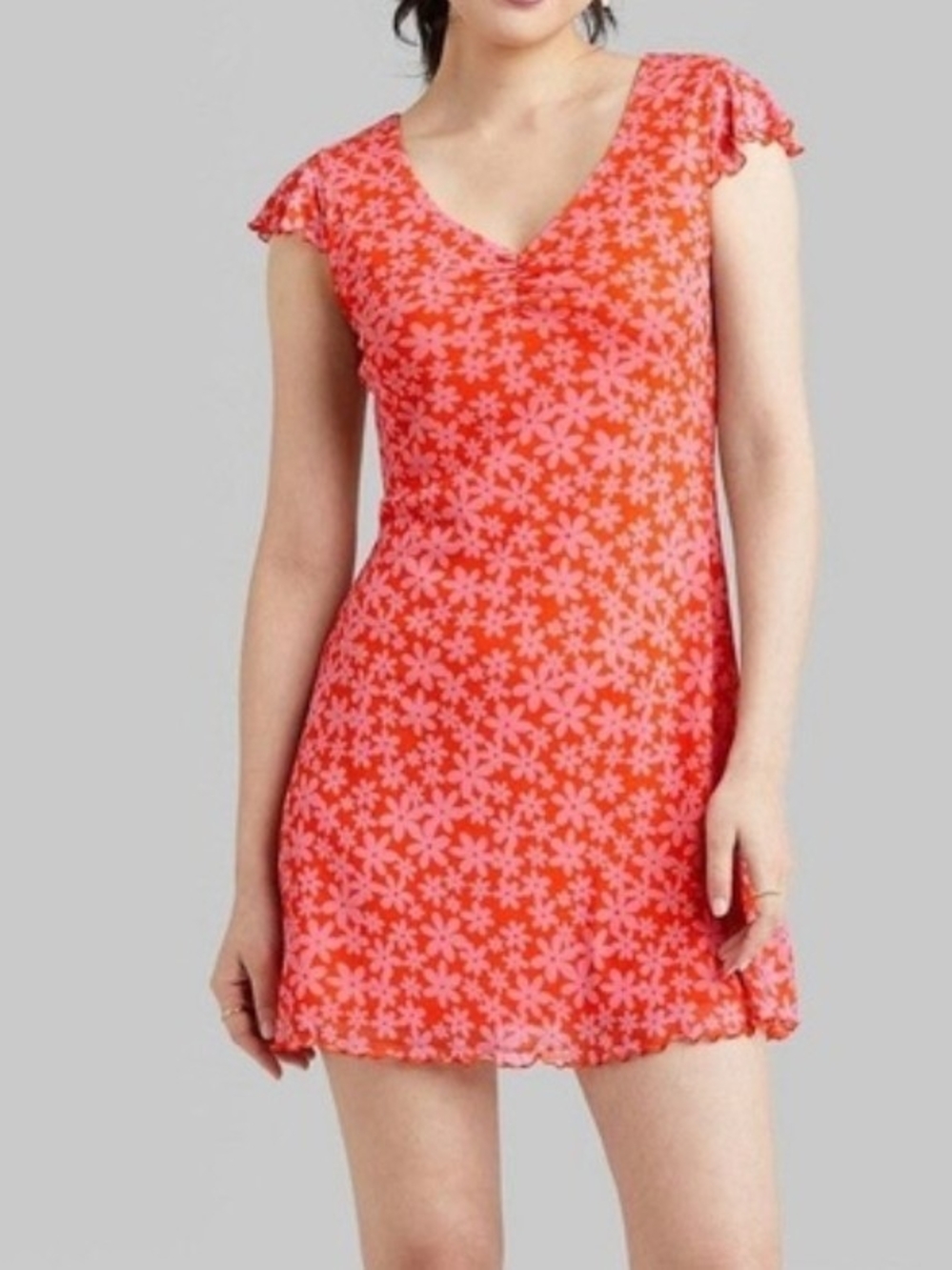 orange  Floral V-Neck Mini Dress